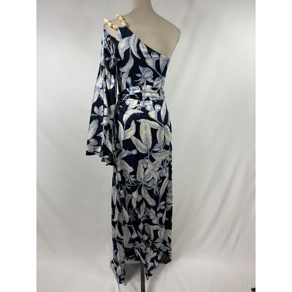 Alexis Randi One Shoulder Maxi Dress Navy Blue Floral Print Size XS Beaded Belt - Picture 2 of 12